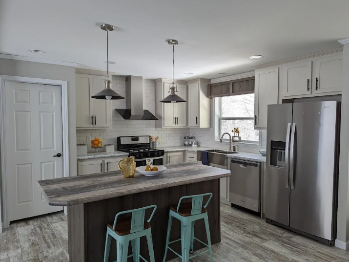 A view of a modern kitchen in a modular home.