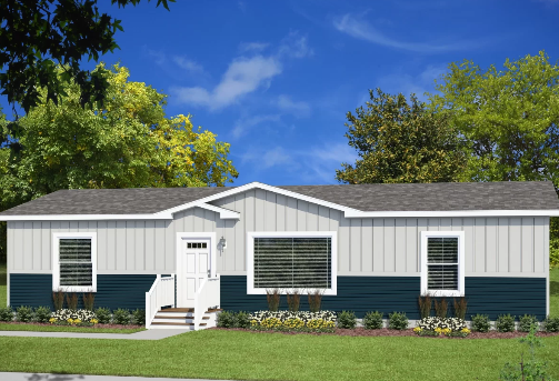 A modern exterior of a manufactured home.
