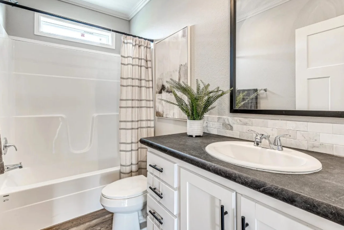 compact yet stylish bathroom in a modern mobile home