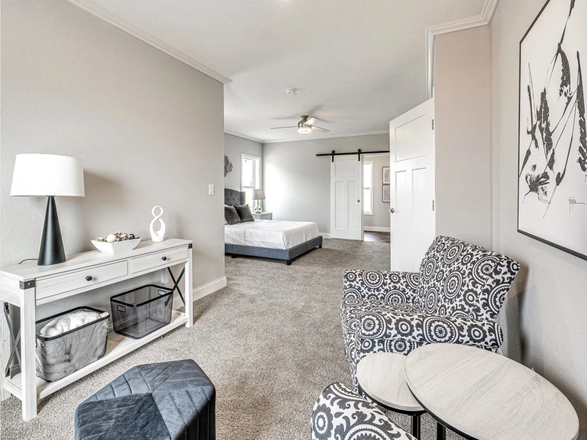 a monochromatic bedroom arrangement in a mobile home