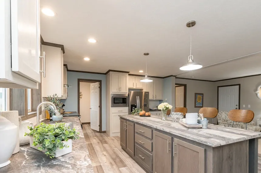 an open layout kitchen in a prefab home