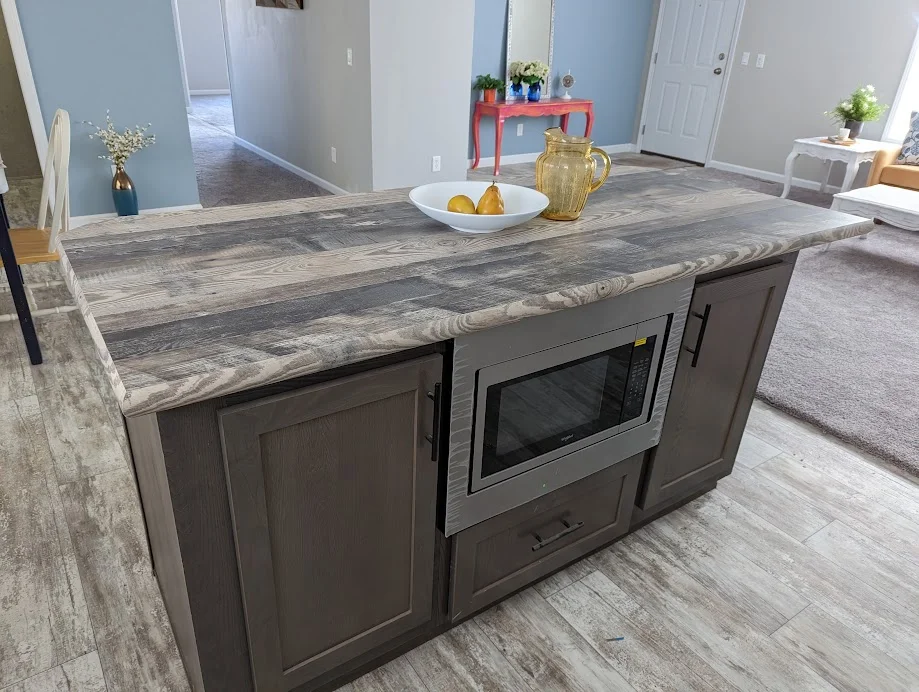 a custom installed kitchen counter in a prefab home