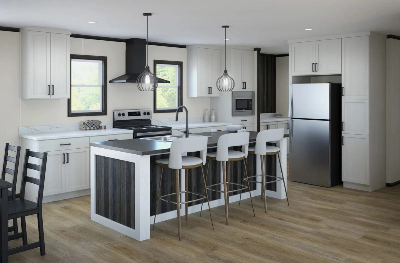 a modern open kitchen in a new modular home