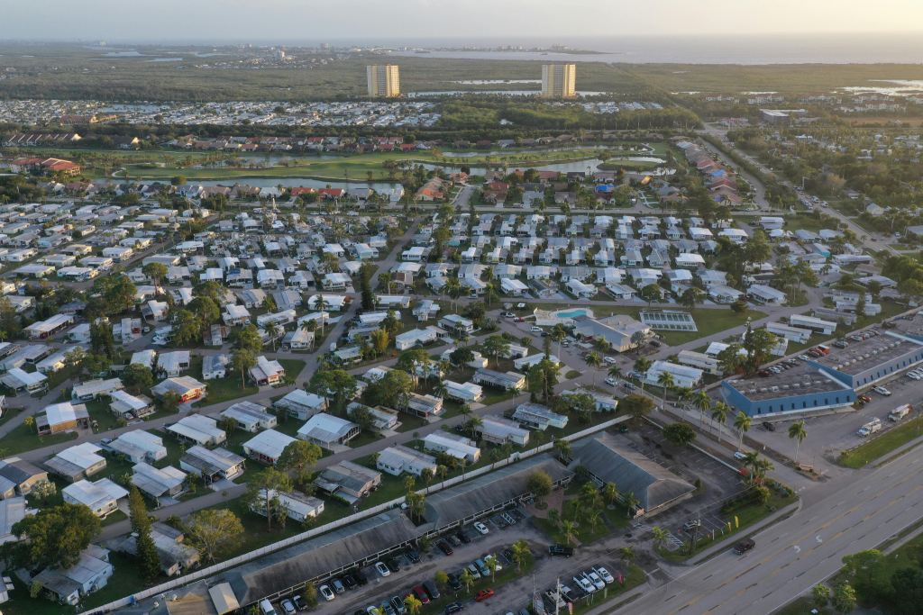 An aerial view of a trailer park