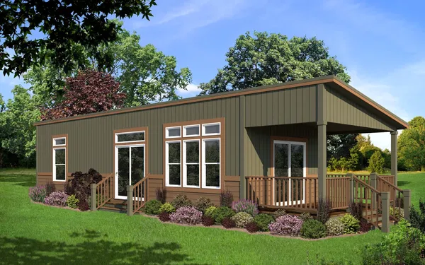  An image of an olive green custom modular home with a garden
