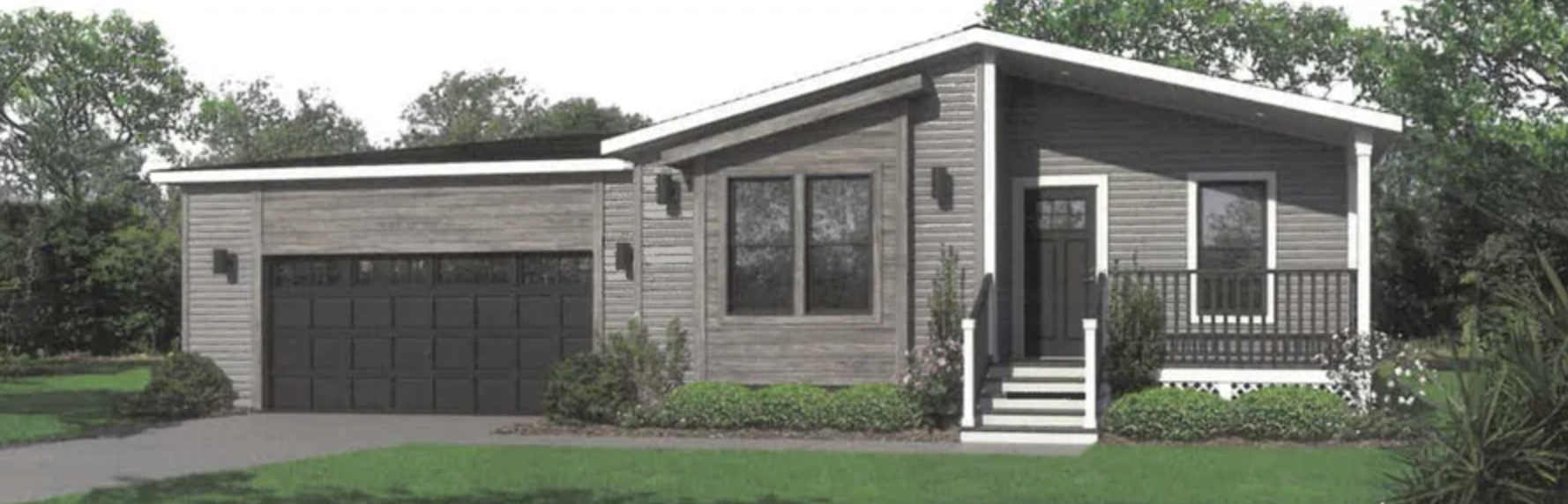 This photo shows a house exterior with trees and garden.