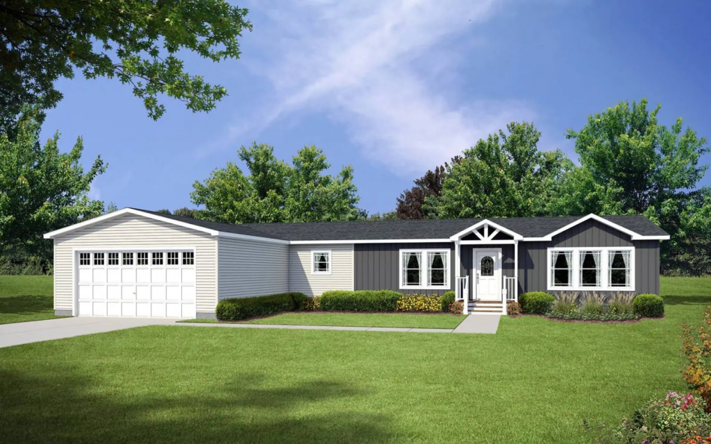 exterior of a manufactured home and its front lawn